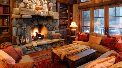 A cozy cottage living room with a stone fireplace, built-in bookshelves, and cozy seating