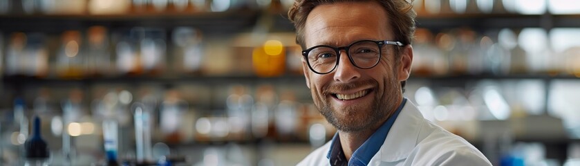 Fototapeta premium A scientist is shown smiling in a portrait, with a laboratory background blurred out. The image was created using artificial intelligence.