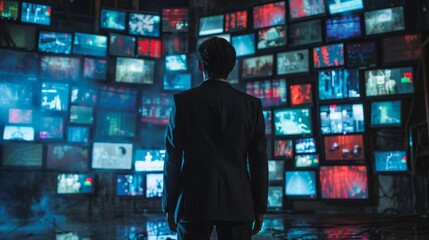 Businessman in the back is watching various media on the wall, including TV monitors and online advertisements - illustrating the modern communication and technology in businesses.