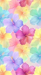 A seamless pattern of rainbow hibiscus flowers, each flower in different colors from light pink to dark purple and yellow