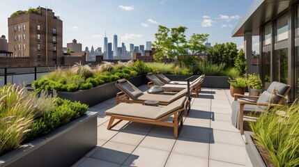 Fototapeta premium A rooftop garden oasis with lush greenery, lounge chairs, and city skyline views
