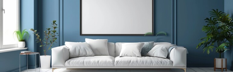 A simple living room with blue walls, white floor and sofa. A large blank picture frame is hanging on the wall