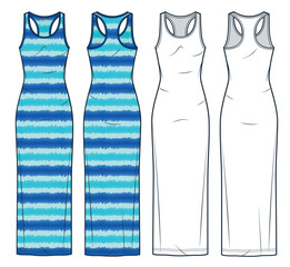Tank Top Dress technical fashion illustration, striped design. Jersey maxi Dress fashion flat technical drawing template, slim fit, front and back view, white, blue, women CAD mockup set. - obrazy, fototapety, plakaty