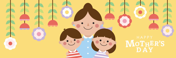 Happy mother's day card with mom, cute daughter, son, grandma and lovely flower. -Vector