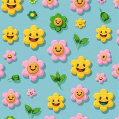 a vector flowers and emojiswith, with yellow and pink and green colors, on a blue background