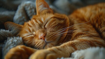 Beautiful red domestic cat sleeps with his eyes closed.