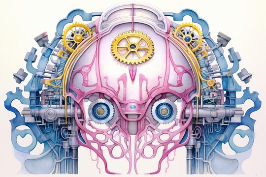 Brain with gears and circuits forming a crown or halo