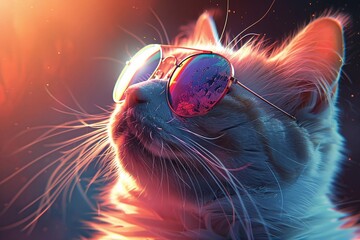 Artificial intelligence created an image of a cool white cat wearing sunglasses.