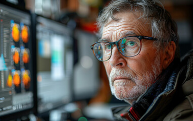 Man with glasses analyzing computer screen. Generative AI