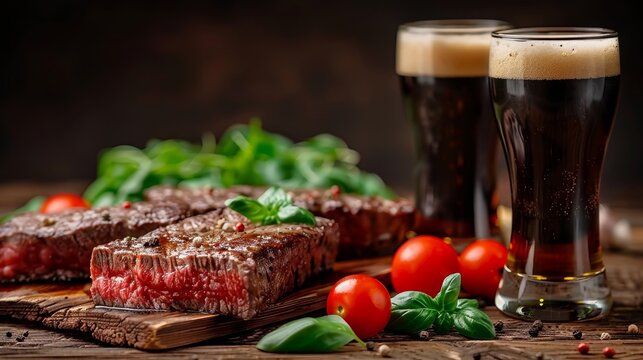 Savoring a delicious steak and fresh greens meal with dark beer on a rustic wooden platter