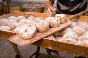 Bread preparation. loaves of dough before baking - 800249127