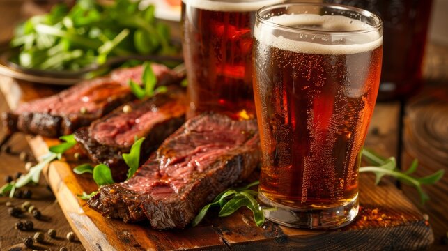 Savoring a delicious steak meal with fresh vegetables and dark beer on a rustic wooden platter