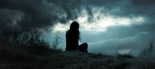 Women sitting in the grass, dark clouds, loneliness,  solitude. 