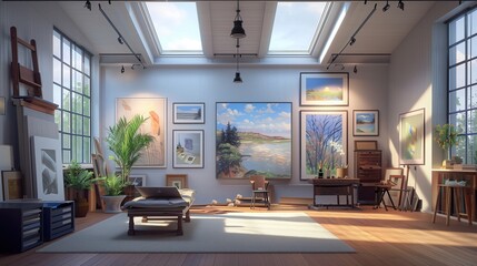 A contemporary art studio with skylights and a gallery wall 32k, full ultra hd, high resolution