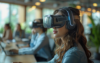 Woman wearing virtual glasses. Generative AI