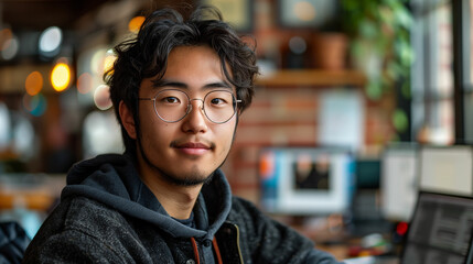 Man working on laptop with glasses. Generative AI