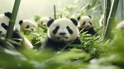 Numerous adorable creatures in a bamboo forest, isolated against a stark white background