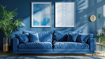 Sofa with two mock up posters on blue wall 3d