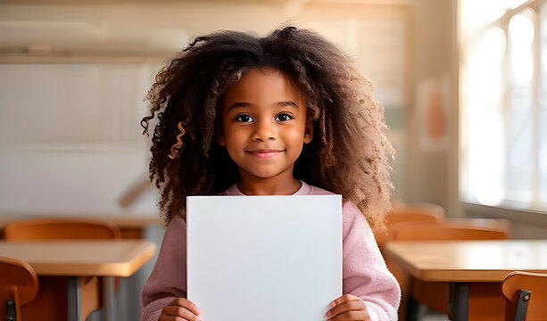 Adorable little African American girl holding a blank cardboard with copy space in a classroom. Perfect for education advertisements. Mockup concept.