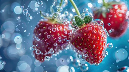 strawberries floating in water with bubbles blurred background
