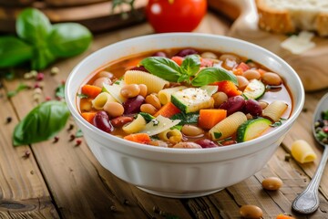 Italian vegetable soup with beans pasta cheese tomato carrots and basil in a white bowl on a wooden table