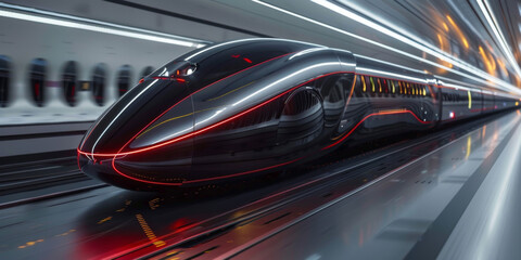 Fototapeta premium Futuristic high-speed train. Modern engineering and design. Sleek and aerodynamic, as it speeds along its elevated tracks. Design concept.