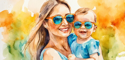 Fashion baby in sunglasses with mother enjoying summer vacation in watercolor style.