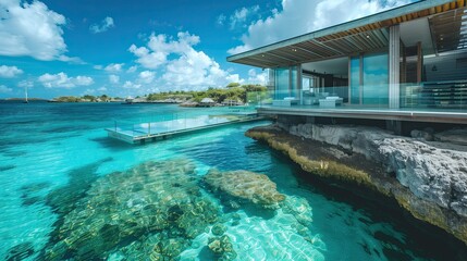 Fototapeta premium A floating villa with glass floors over a crystal-clear lagoon 32k, full ultra hd, high resolution