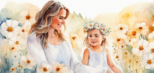 Happy mother and daughter in white dresses walking in chamomile field