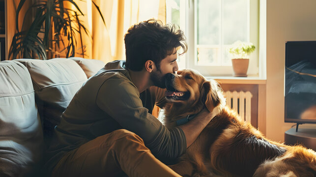 man with dog in living room