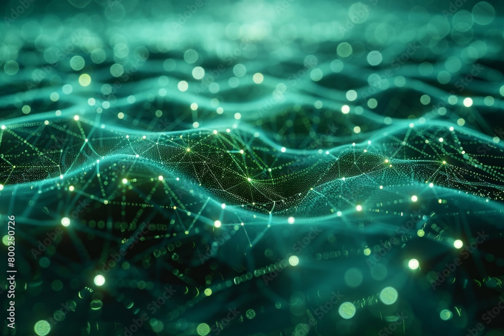 Poster blue and green digital tech backdrop showcasing a cyber network grid with interconnected particles. 