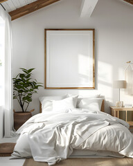 wooden frame mockup in the bedroom, near the window, shadow	