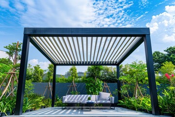 Modern louring canopy with white slats, set against the backdrop of blue sky and lush greenery.