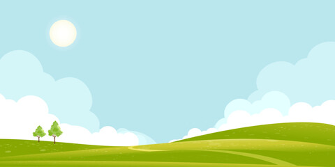 Obraz premium Spring Landscape Green fields,Mountain,Blue Sky and Clouds Background,Horizon peaceful rural nature Sunny day Summer with grass land.Cartoon Vector illustration for Spring and Summer banner