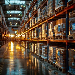 Retail warehouse full of shelves with goods in cartons, with pallets