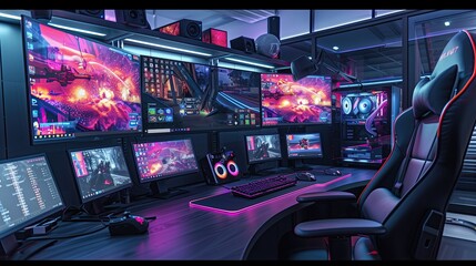 A futuristic gaming setup with multiple monitors and ergonomic seating 32k, full ultra hd, high resolution