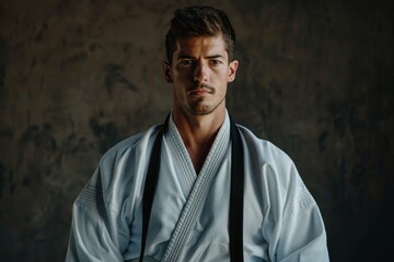Karate master in white kimono with black belt on dark background with sports banner