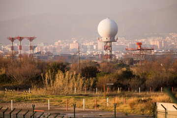 Evening view of the control tower of El Prat airport in Barcelona. Spain - 800251385
