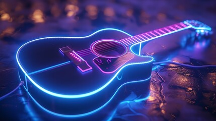 Acoustic guitar outlined with blue neon, 3D rendering, gentle angle, soft background