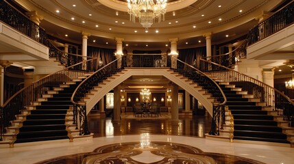 Obraz premium A grand foyer with a double staircase and a dramatic chandelier 32k, full ultra hd, high resolution