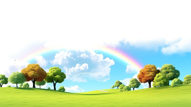 A background of a nature park featuring an isolated rainbow in the sky on a stark white background