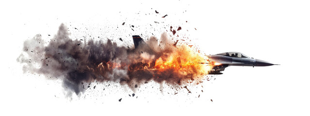 Fighter jet explosion in the air from a missile hit isolated on the transparent background