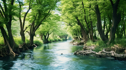 A serene landscape with a river and lots of trees set against a stark white background