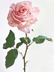  a large pink rose with green leaves on the stem and white background