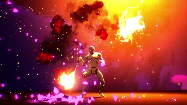 3D-animation. the robot burning with a sword in his hand jumps out of the portal