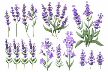 Lavender flowers collection on white background top view