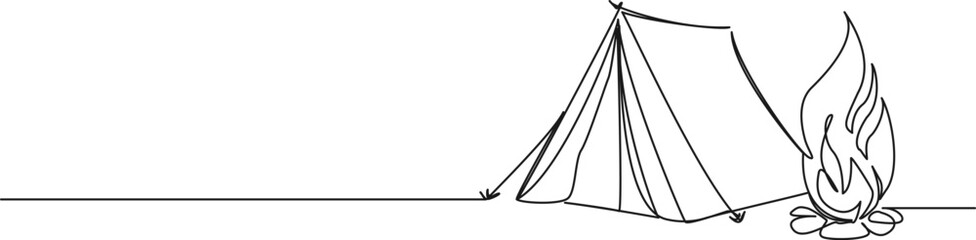 continuous single line drawing of campground with tent and campfire, line art vector illustration