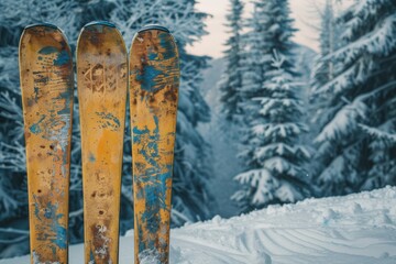 Skis stick out in the snow against a background of snow-covered fir trees