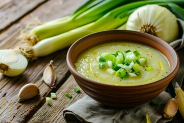 Leek soup in bowl with fresh ingredients on table