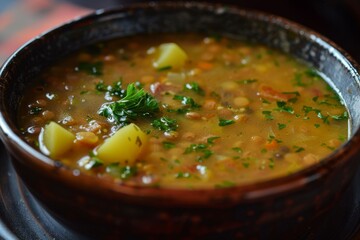 Lentil soup with potatoes bacon and parsley